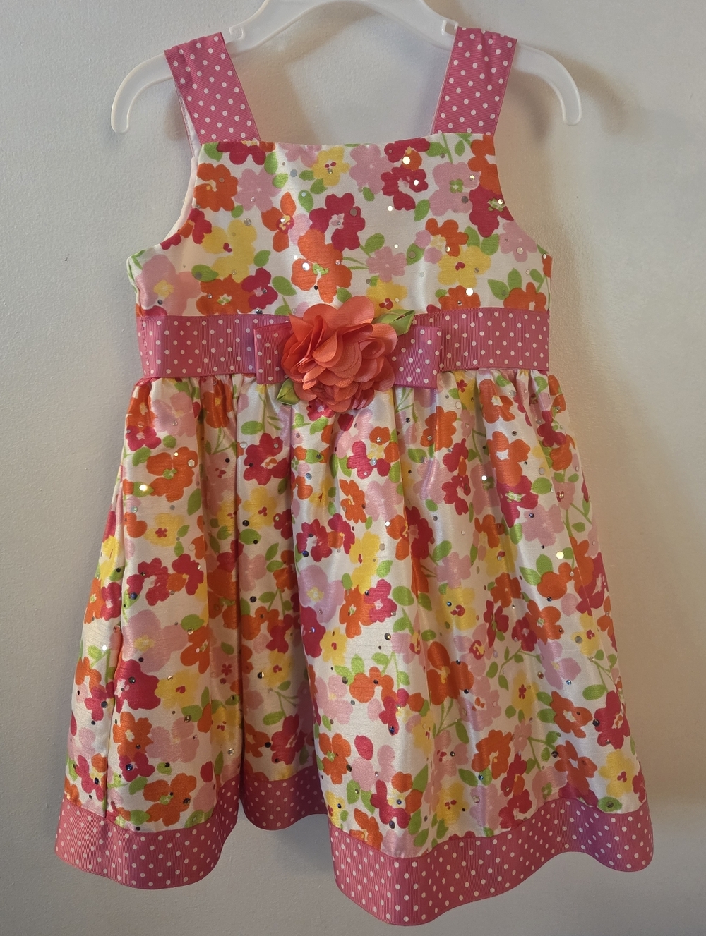 Sweet Heart Rose Pink Floral Polka Dot Dress with Flower Accent